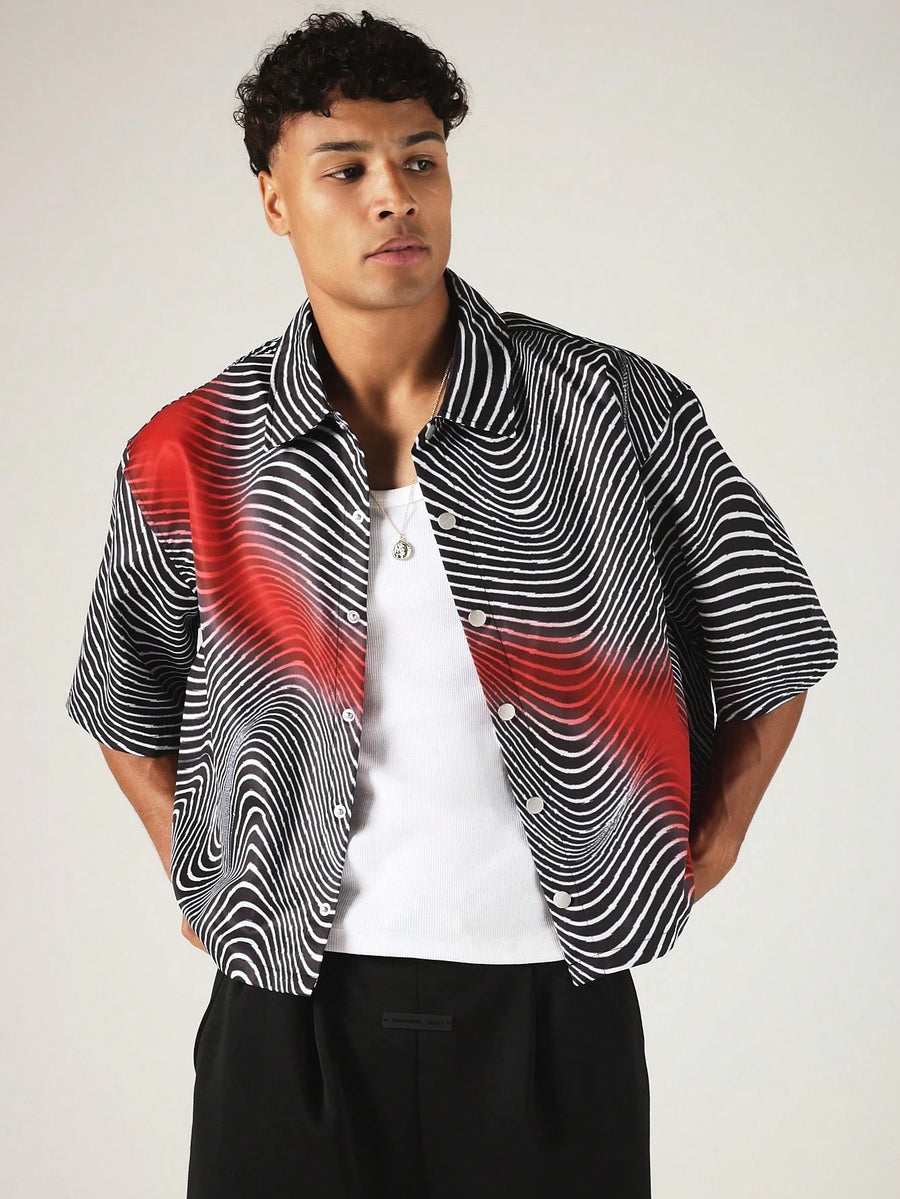 SUMWON Crop Fit Short Sleeve Button-Up Shirt With All Over Swirl Print And Spread Collar Summer Style