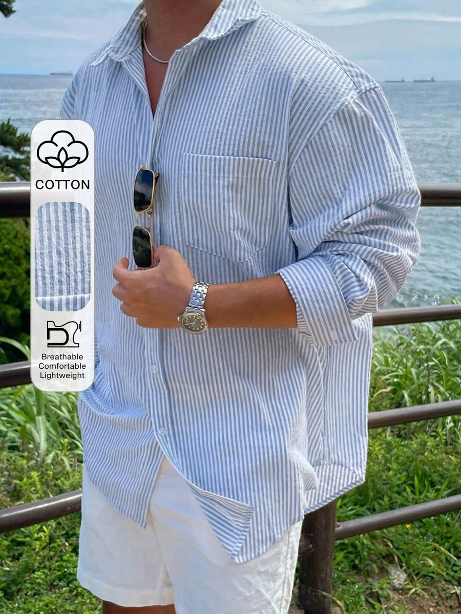DAZY Blue Striped Long Sleeve Shirt For Men, Spring